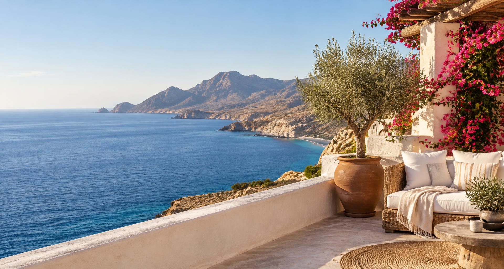 Terraza mediterránea al atardecer: balaustrada de cal, sofá de esparto, olivo en maceta de terracota y mar al fondo