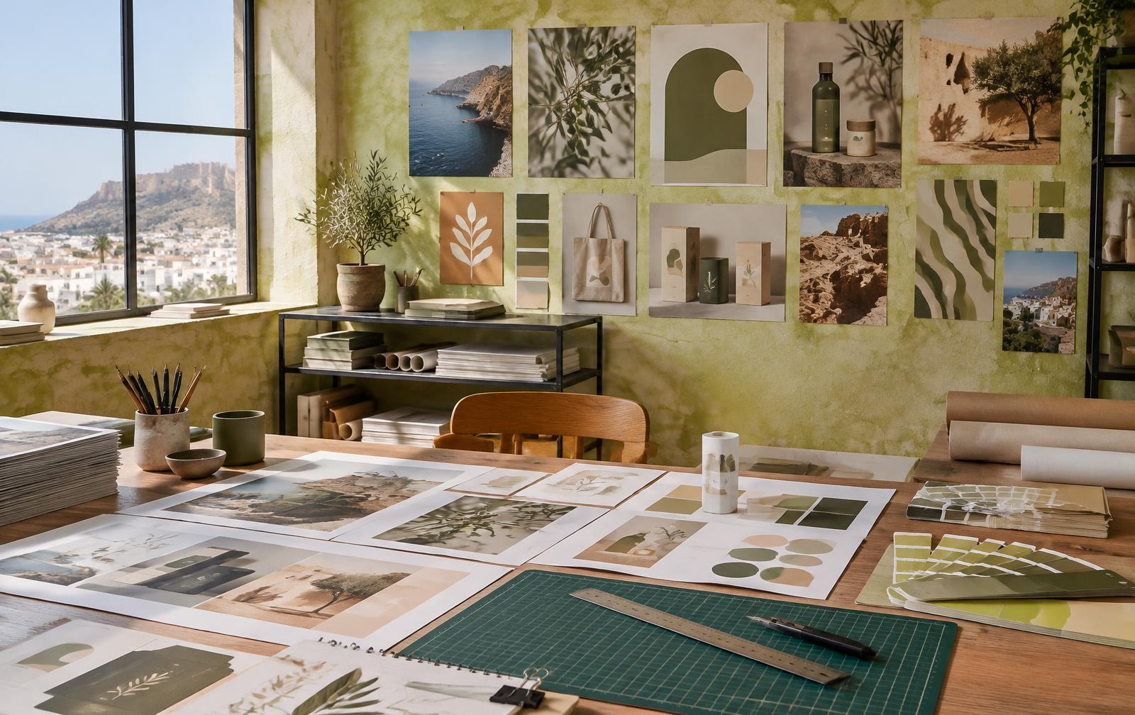 Mesa de trabajo de estudio creativo con pruebas de impresión, muestras de color y piezas gráficas
