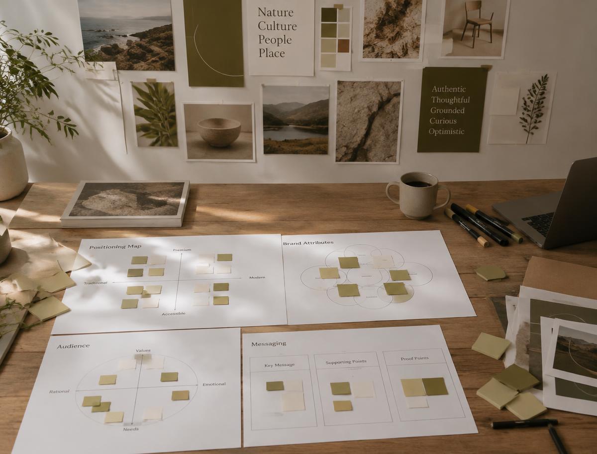 Taller de estrategia con mapa de posicionamiento y mensajes clave