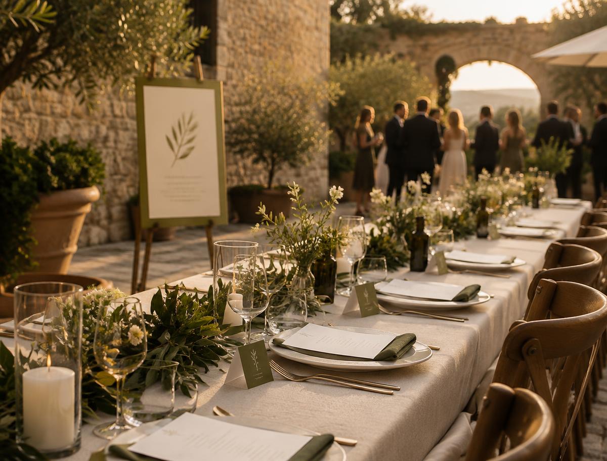 Mesa de evento de marca al atardecer con papelería a medida